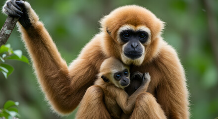 Naklejka premium Golden-handed Gibbon Mother and Baby