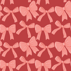 Seamless Pattern of Pink Bows on a Red Background for Decorative Design. Elegant pattern featuring pink bows repeated seamlessly over a deep red background, great for festive and decorative purposes 