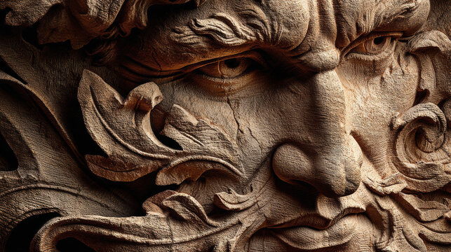 A detailed close-up reveals a carved wooden face surrounded by intricate leaf patterns, creating a rustic and timeless artistic representation of nature.