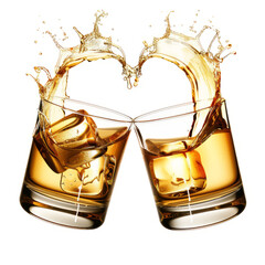 Close-up of two clinking glasses of scotch with a splash on a transparent white background.