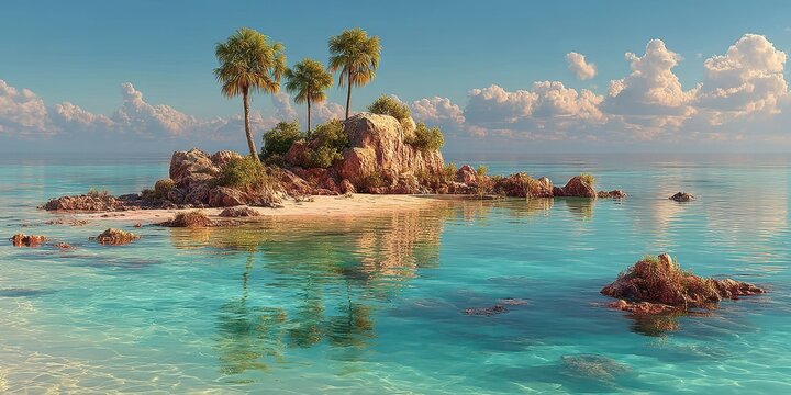 Tropical beach with palm trees and clear turquoise waters in a serene landscape under a bright blue sky - Powered by Adobe