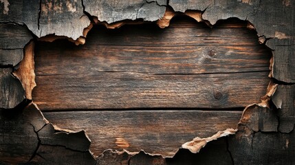 Textured Wooden Background with a Distressed Look Featuring a Roughly Cut Opening in Dark Brown Wood