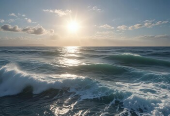 Obraz premium Sunbeams on wavy blue ocean; whitecaps visible, waves, surface