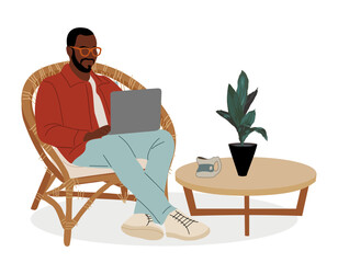 Black man sitting in whicker chair with laptop. He is wearing glasses and red jacket. Concept of freelance and remote, hybrid work. Colorful flat vector illustration isolated on transparent background