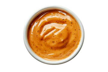 Extreme top view of a hyperrealistic Spicy mayo in a small bowl isolated on a white transparent background