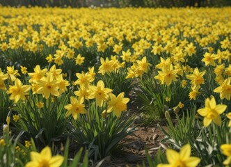 Fototapeta premium Sunlit daffodils burst forth in vibrant yellow, a sea of blooms in a verdant field , sunlit daffodils, field