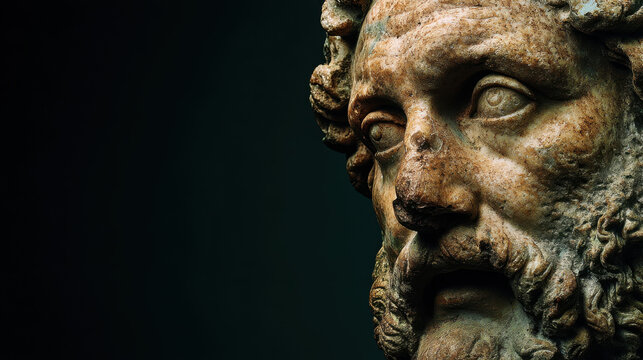 Close up of a weathered marble bust depicting a Roman emperor with a serene expression, showing details of age and texture against a dark background.