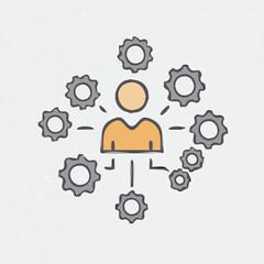 A simple illustration shows a person at the center of several interconnected gears, symbolizing effective management, teamwork, and efficient workflow processes.