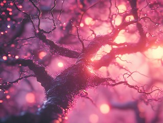 A fantastical, glowing pink tree trunk, intricate branches, and ethereal light