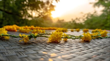 International Yoga Day: A serene close-up of a woven yoga mat with fresh marigold garlands, soft morning light filtering through green leaves, blurred golden sunrise background, tranquil and minimalis