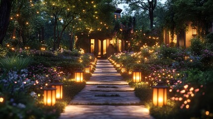 Enchanted Garden Path: A Nighttime Stroll Through a Magical Landscape