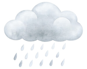 Watercolor illustration of a cloud with rain on a transparent background.
