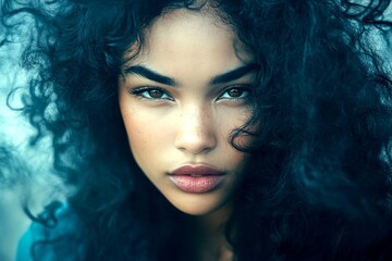 Naklejka premium Lovely calm black girl - for ads, road poster and internet use. Long hairdo - curly hair. Commercial ad campaign idea art. Glamorous african portraits. Stunning long hair beauty. Black beauty.