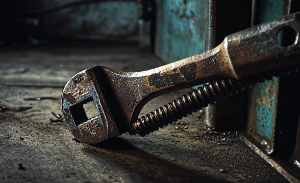 Rusty adjustable wrench resting on a dusty surface in an industrial workshop setting