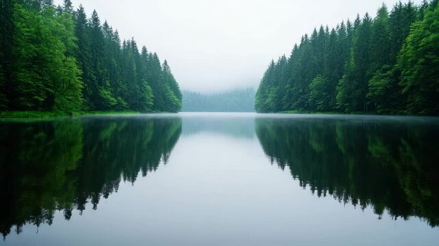 Serene lake reflecting lush green forest trees on a misty morning peaceful nature scene