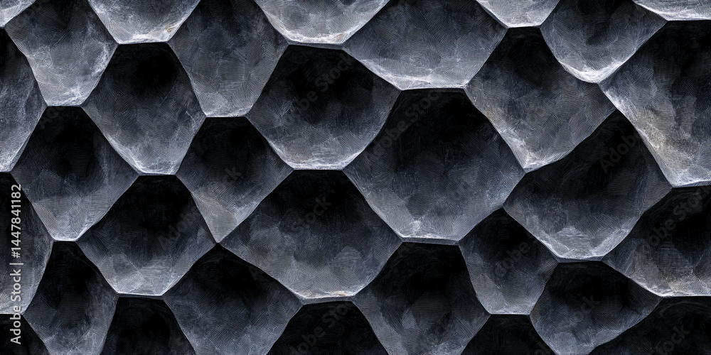 Poster Dark gray textured surface with hexagonal pattern, creating a three-dimensional effect, showcasing depth and geometric design ideal for background