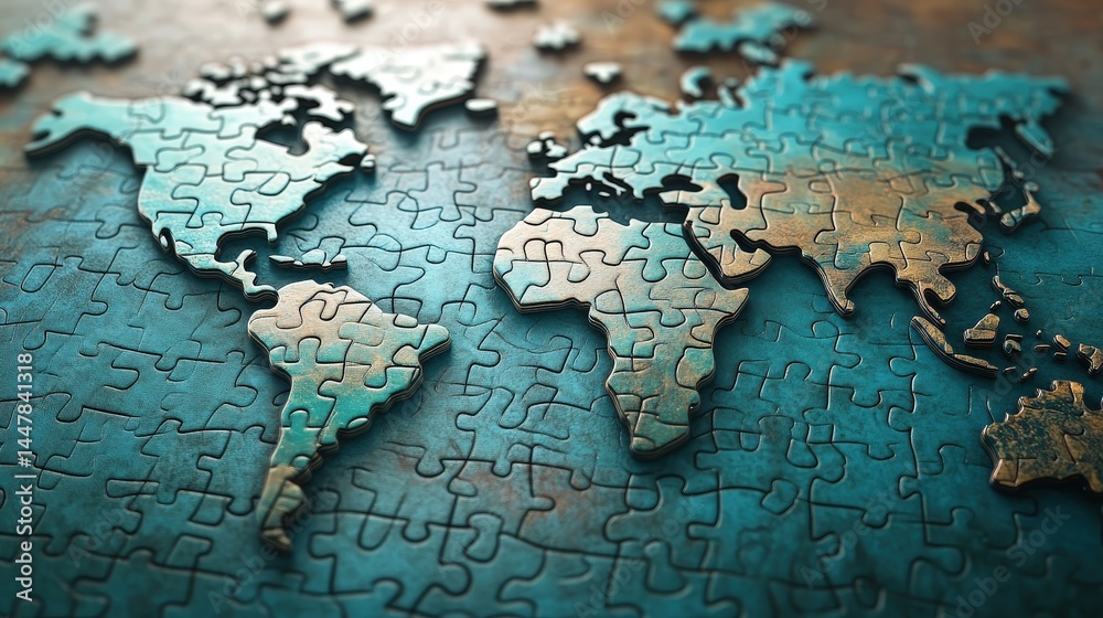 Poster a puzzle-themed world map where continents are shaped like interlocking jigsaw pieces, symbolizing u