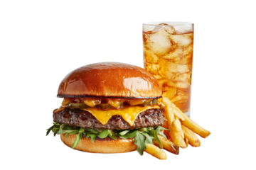 Hamburger and cheeseburger with coke soda, deluxe fast food, isolated on transparent background.
