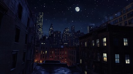 A quiet city night scene, where tall buildings stand in stillness, their dimly lit windows flickering under the moonlight.