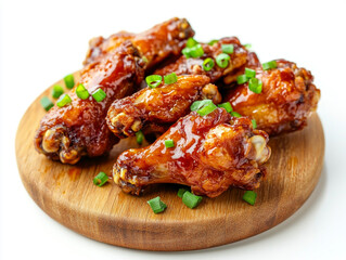 Korean fried chicken wings with a glaze and green onions on a wooden board, isolated against a white background