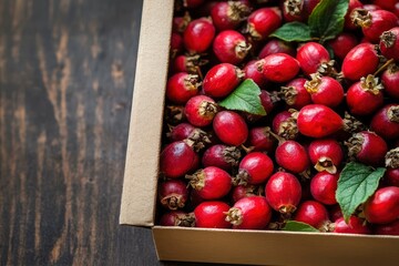 Rosehip dried healthy vitamin berry superfood in a box in a minimalist design high quality