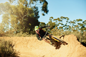 Balance, bike and trail with man in mountains for outdoor adrenaline, adventure or training....