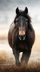 Obraz premium Majestic black horse runs freely in an open field during golden hour light