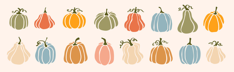 Set of Hand Drawn Doodle Pumpkin Icon Clip Art. Pumpkin Pie, Autumn, Patch, Seeds, Halloween, and Fall. Pumpkin Outline and Background in Vector