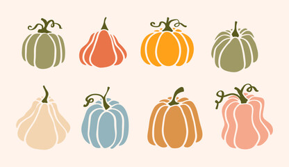 Set of Hand Drawn Doodle Pumpkin Icon Clip Art. Pumpkin Pie, Autumn, Patch, Seeds, Halloween, and Fall. Pumpkin Outline and Background in Vector