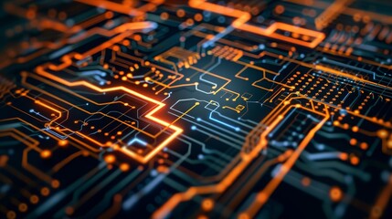 Close-up of Illuminated Circuit Board with Orange Traces