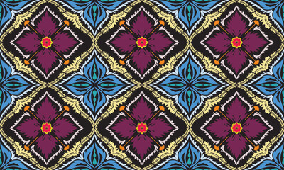 The fabric patterns seamless vector pattern, beautifully arranged floral, with flowers in the center, blue , purple, black background