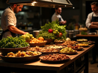 Obraz premium Culinary preparation chefs restaurant kitchen food display modern atmosphere close-up creativity