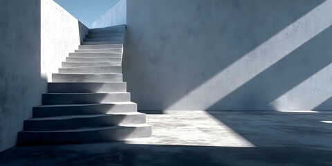 A modern concrete staircase ascends along a white wall, with dramatic sunlight casting sharp shadows, showcasing minimalist architectural design.  