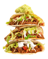 Stack of loaded beef tacos with guacamole, sour cream, lettuce, and tomatoes, isolated with transparent background