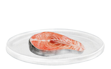 Salmon steak on a white plate watercolor. Hand drawn red fish fillet on white background. Food clip art. Ideal for farm fish packaging design, restaurant menus and culinary blogs