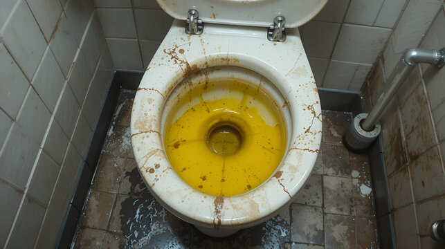 A full, unclean toilet bowl reveals yellow urine and a disgustingly dirty public restroom.
