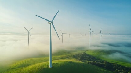 Obraz premium A field of wind turbines with a foggy sky in the background. The turbines are tall and spread out across the field