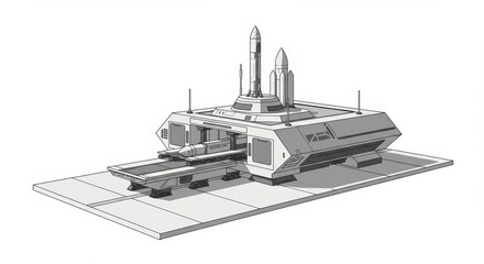 Stylized Spaceport Terminal with Rocket Dock against Stark White Background