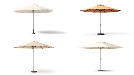 Obraz premium Four patio umbrellas, two beige, two orange, isolated on white.