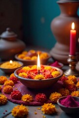 Beautifully arranged diya and marigold flowers for festive celebration ambiance.