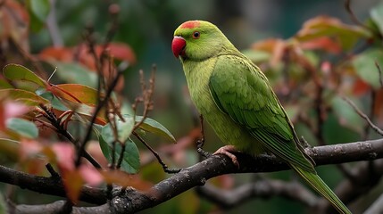 Green parakeet with red beak perched on a branch