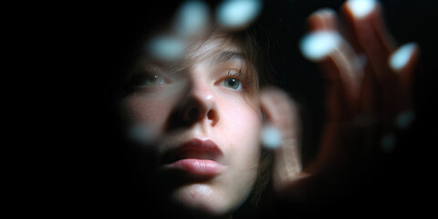 Close-up Portrait of a Woman's Face with Hand and Light Sources