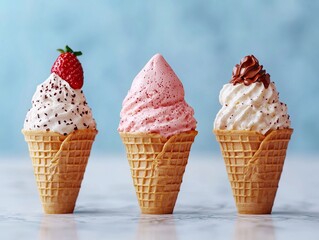 Delicious ice cream cones with toppings dessert shop food photography bright atmosphere close-up shot