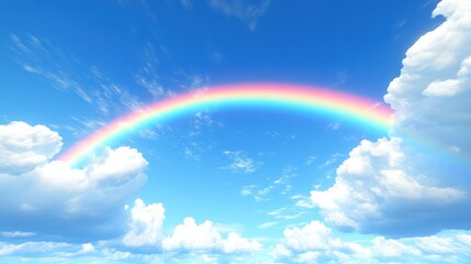 Rainbow arches over puffy clouds in a vibrant blue sky