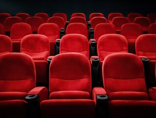 Fototapeta premium Empty red cinema seats awaiting movie enthusiasts modern theater design captivating ambiance vertical perspective