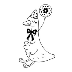 Silly goose doodle in black color, isolated funny character. Silly goose on the loose. Cute silly goose meme shirt design. Hand drawn vector illustration in flat style.