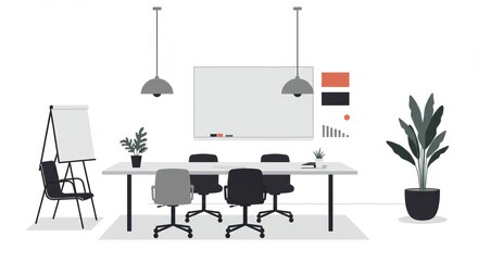 Stylized minimalist office meeting room with clean design elements and a stark white background
