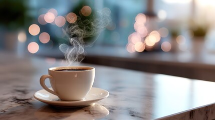 Obraz premium A steaming coffee cup on a marble countertop, evoking warmth and relaxation. 