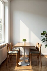 Cozy dining area with a sunny ambiance and modern wooden furniture.