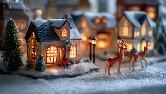 Festive holiday village scene with glowing houses and reindeer figurines in the snow.